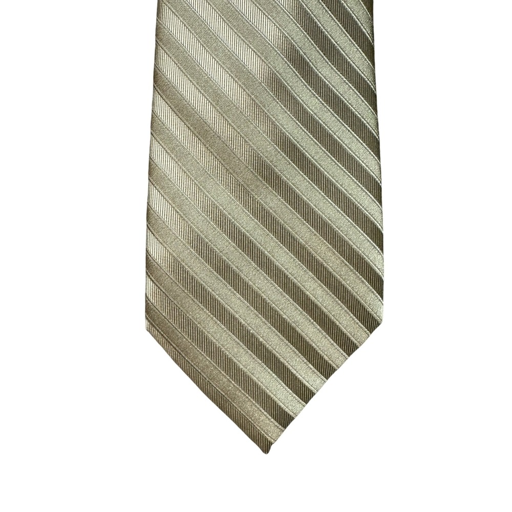 Perry Ellis Portfolio Mens Tie Gold Tan Striped Polyester Formal Necktie 59x3.5